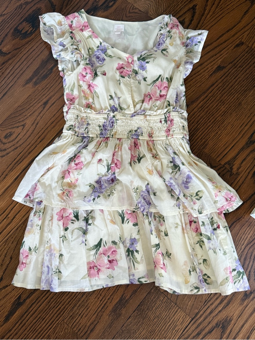 GAP Cream Floral Ruffle Dress with Pink & Lavender Blooms